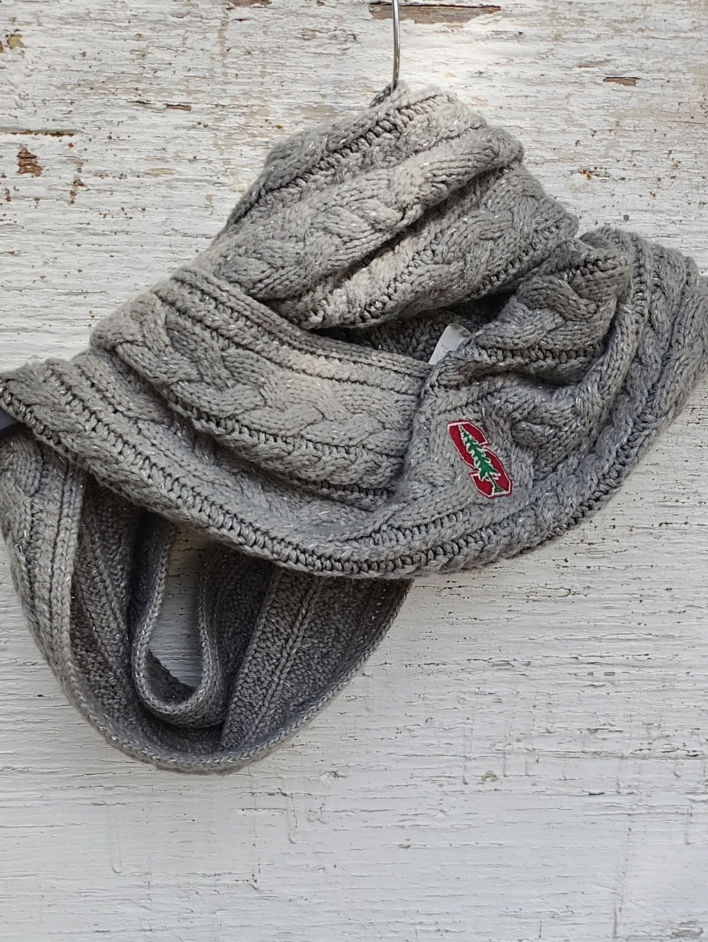 Stanford University Patch Logo Gray Cable Knit Infinity Scarf, Metallic Accents